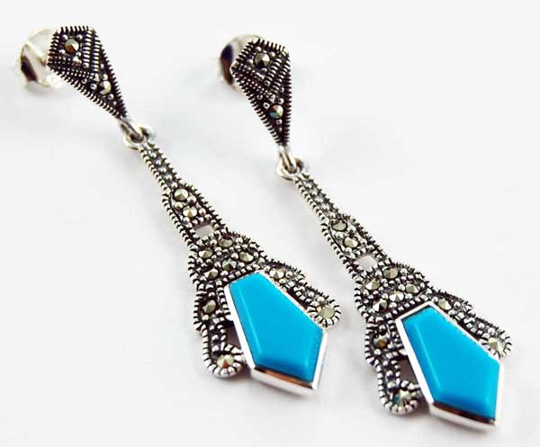 Earring Marcasite Stone Drop Turquoise