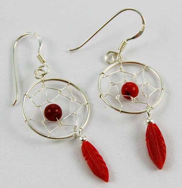 Earring Silver Dream Catcher Red 16mm
